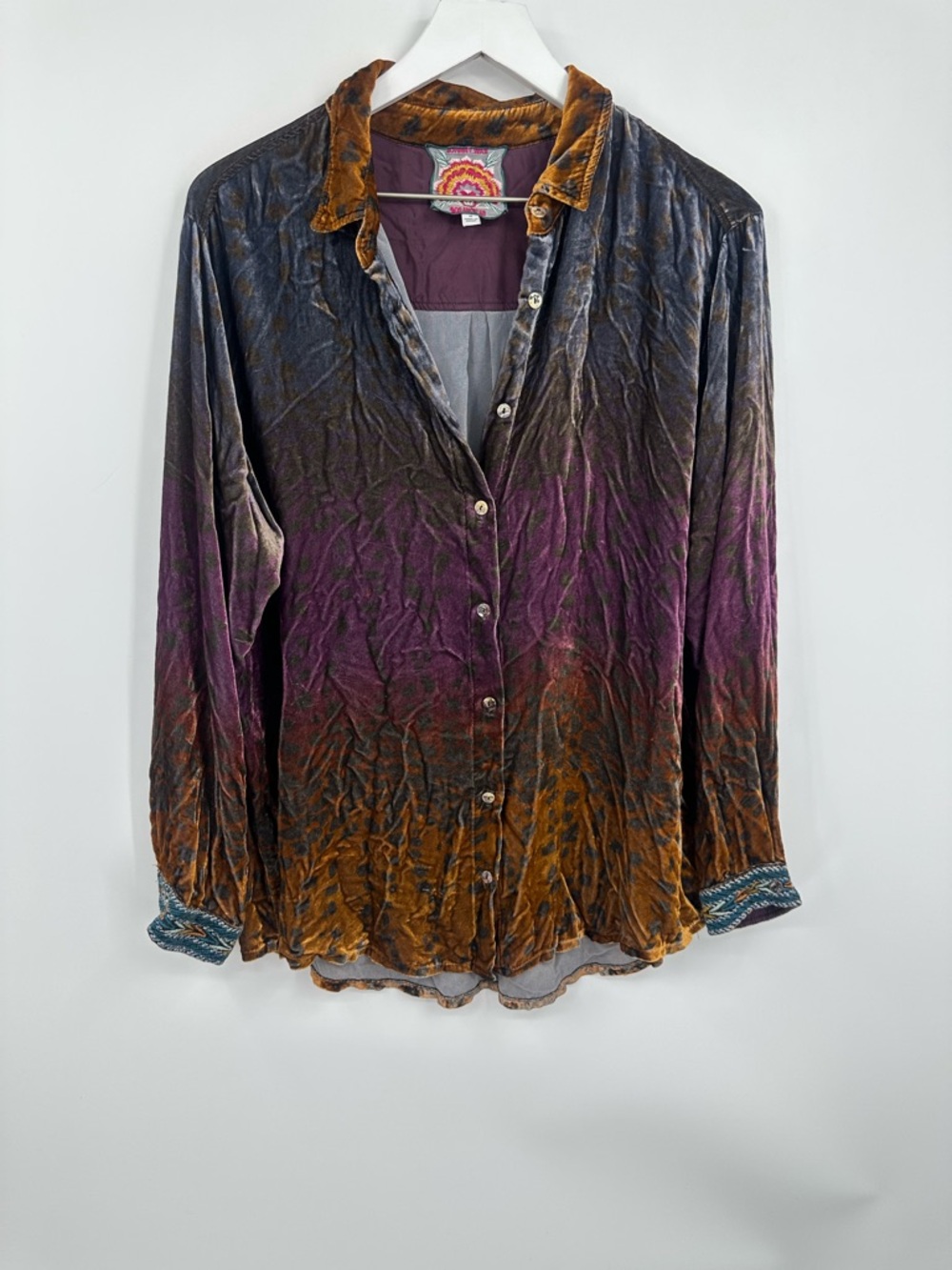 Johnny Was Ombre Cheetah Velvet Oversized Button Up Shirt Size Medium Boho - Picture 10 of 11